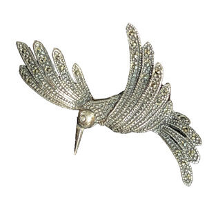 Vintage Hummingbird Brooch Pin Sterling Silver & Marcasite Original Box 2"x1 1/4